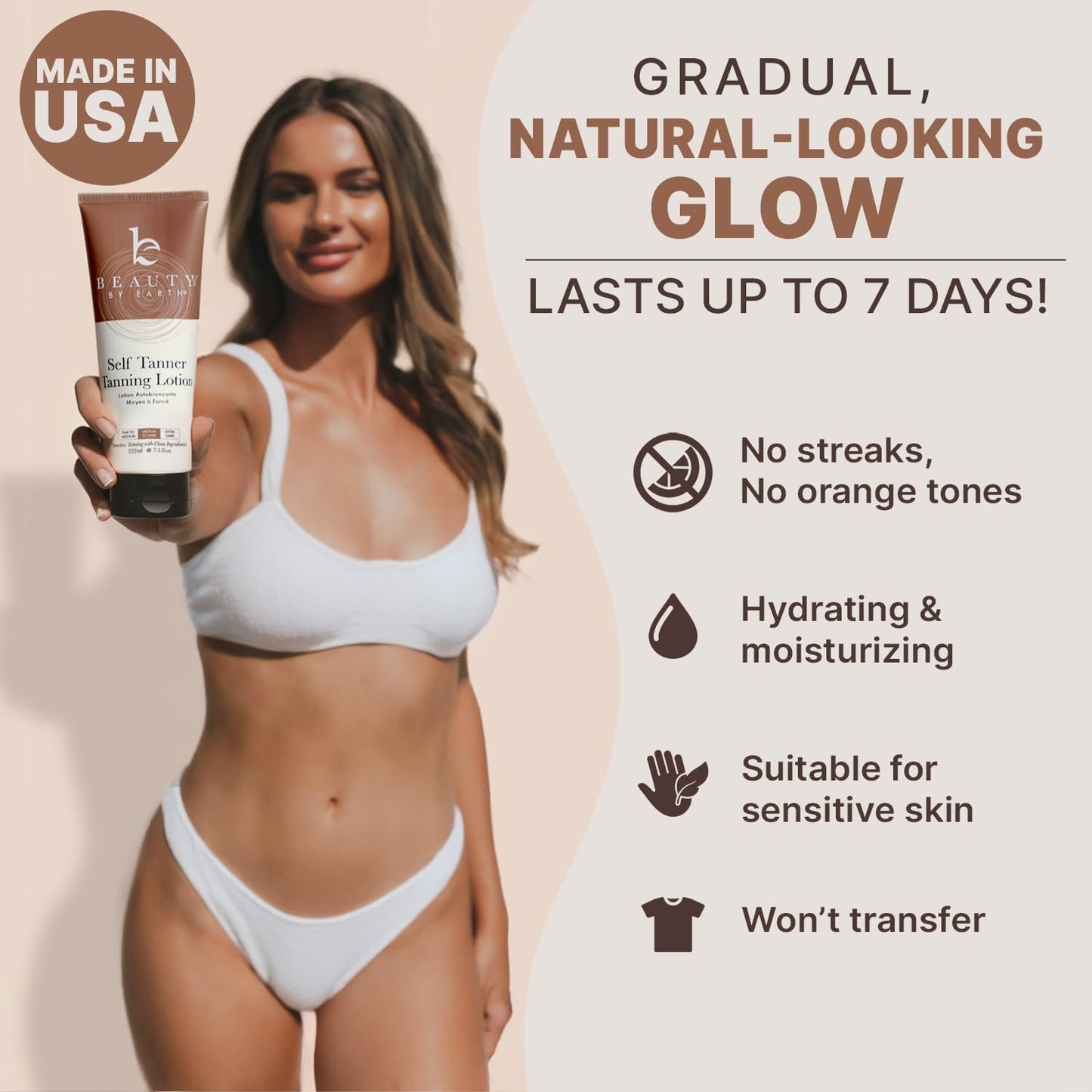 Beauty by Earth Self Tanner - USA Made with Natural & Organic Ingredients, Moisturizing Self Tanning Lotion with Aloe Vera & Coconut for a Natural Glow, Streak-Free Fake Tan