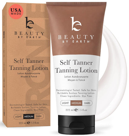 Beauty by Earth Self Tanner - USA Made with Natural & Organic Ingredients, Moisturizing Self Tanning Lotion with Aloe Vera & Coconut for a Natural Glow, Streak-Free Fake Tan